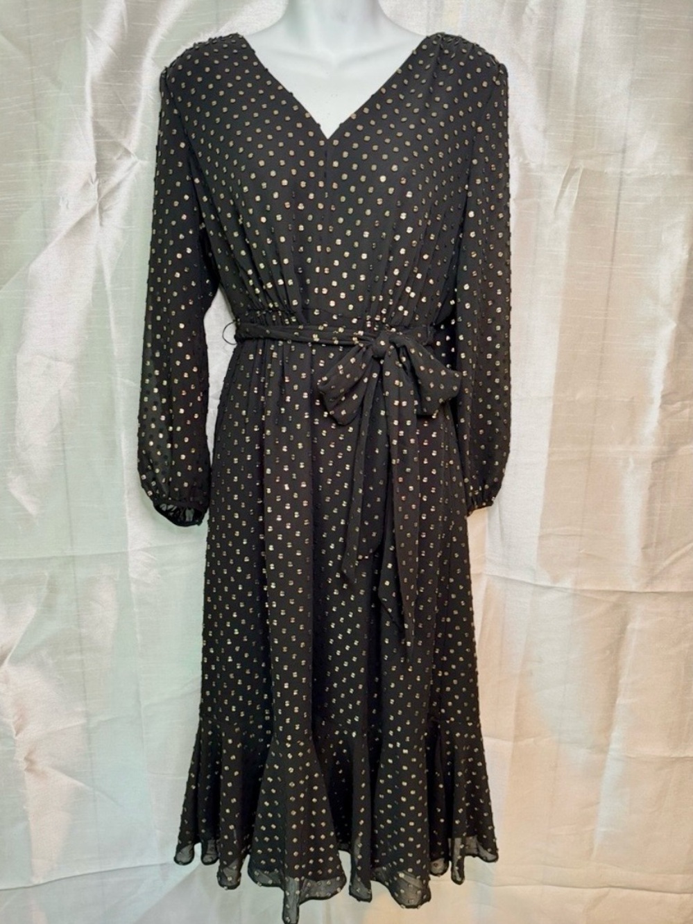J. Crew Black Long-Sleeve V-Neck Black with Gold Polka Dot Tie-Waist Dress